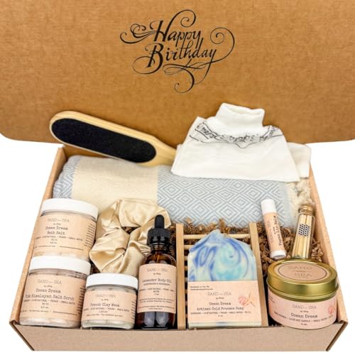 Birthday Gift Baskets for Women, Handmade Ocean Gift Box, Natural Relaxing Spa Self Care Package for Women 13 Pc, Spa Gifts for Women, Gift Basket for Women, Birthday Box (Ocean Dream)