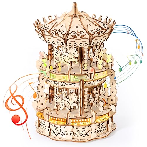 MIEBELY 3D Wooden Puzzles for Adults LED Carousel Music Box - DIY Crafts Model Building Kits for Teens Mechanical Model Stem Project Christmas Toy Gifts for Kids Desk Decor for Boys/Girls Ages 8+