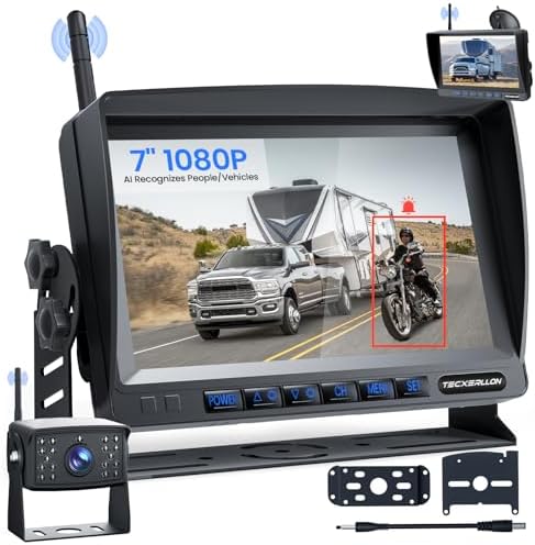 RV Backup Camera, Vehicle Backup Camera with AI Detection, 1080P Backup Cameras, 7'' Waterproof Wireless Backup Camera with DVR Recording & Night Vision for Car, Van, SUV, Truck, Trailer
