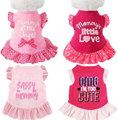 XPUDAC 4 Pieces Dog Dress Shirt Puppy Clothes for Small Girl Cute Doggie Dresses Summer Clothes Apparel for Dogs Cats (Pink Angel, Medium(8-11 lbs))
