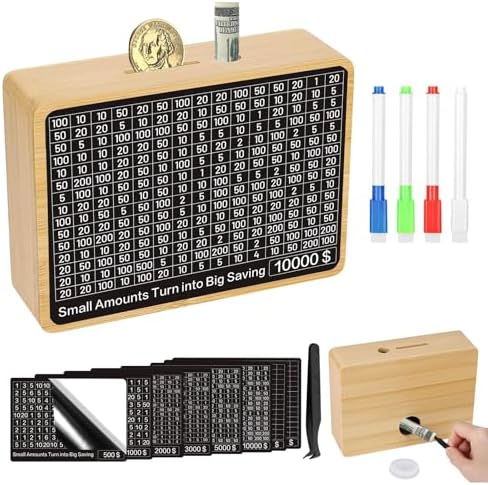 Money Saving Box Cash Vault Wooden Savings Challenge Box Piggy Bank for Adults Kids Budgeting and Savings Goals Coin Bank for Boys and Girls No Install Required (8 Amounts)