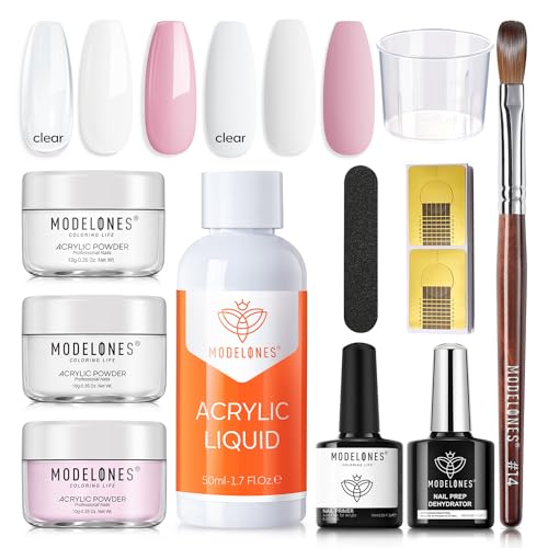 modelones Acrylic Nail Kit - Clear/White/Pink Acrylic Powder and Liquid Set with Acrylic Nail Brush, Nail Dehydrator and Primer, Starter Kit for Acrylic Nail Extension Beginners for Women Gifts