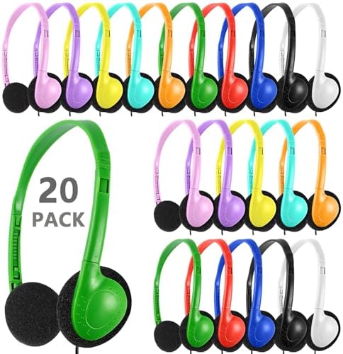 Classroom Headphones Bulk 20 Pack Multi Color for Kids School, Wholesale Children Adjustable Wired Earphones for Students Toddler Teens Boys Girls and Adult (LS04,20 Mixed)