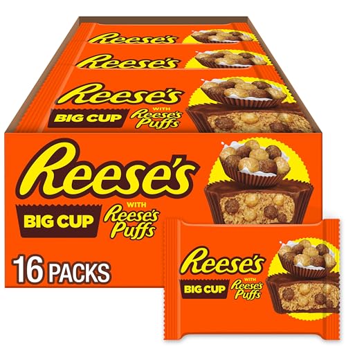 REESE'S STUFFED WITH REESE'S PUFFS CEREAL Big Cup Milk Chocolate Peanut Butter, Gluten Free Cups Candy Packs, 1.2 oz (16 Count)