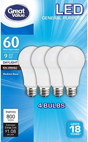 (4-Pack) Great Value 60W Replacement Bulbs 9W Non-Dimmable LED A19 in Daylight White (5000K, E26, Energy Star, 18 Year Life, 800 Lumens)