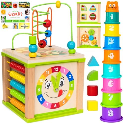 TOYVENTIVE Wooden Activity Cube, Montessori Toys for 1+ Year Old Girl, Multipurpose Educational Sensory Toy for Baby, Toddler, Kid | First Birthday Gift | Bonus First Words Book