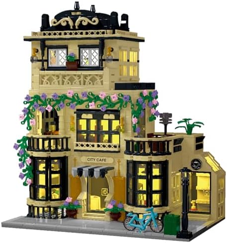 City Cafe Building Block Set with LED Light, 1443 PCS Modular Architecture Three Story City Cafe Building Blocks Toys Cafe Construction Model for Kids, Teens and Adults