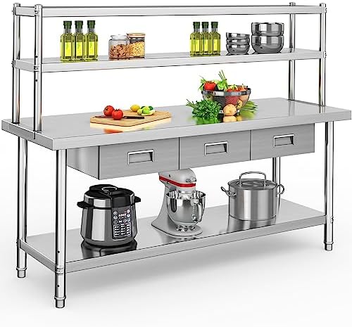 YITAHOME NSF Stainless Steel Table with Overshelves & Drawers, 72" X 24" Work Table with 72" X 12" Shelf & 3 Drawers, Metal Table Prep Table