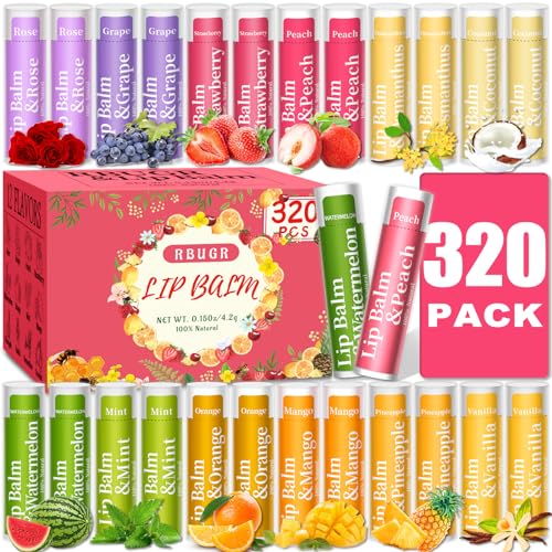 320 Pcs Lip Balm Bulk, 12 Flavored Pack of Lip Balms Natural Lip Balm Pack, Moisturising Organic Lip Balm Set for Cracked Lips, Bulk Gifts Stocking Stuffers Party Favors(4.2g/0.15oz)