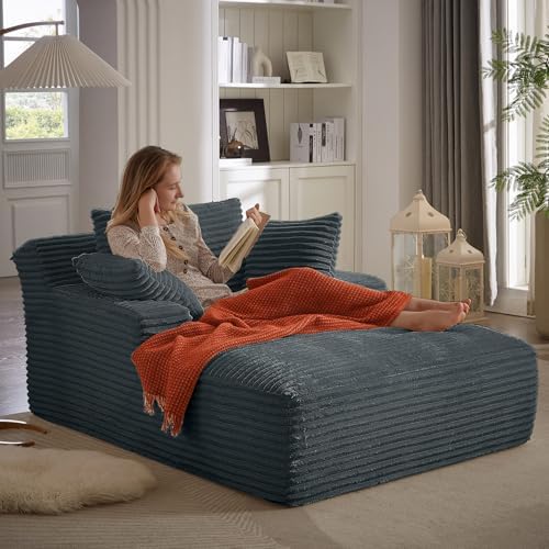 49" Chaise Lounge Indoor, Oversized Chaise Lounge Chair with 3 Comfy Pillows for Living Room Bedroom, Wide Arms Corduroy Fabric High-Density Foam No Assembly Required (Grey)