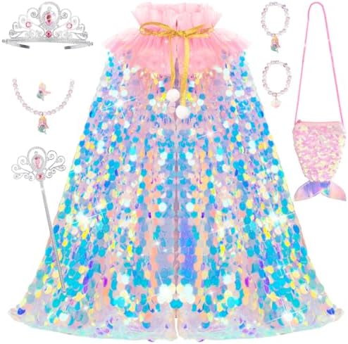 Meland Princess Dress Up for Girls 3-8, 11Pcs Mermaid Cape with Crown, Dress Up Clothes Birthday Gift Toys for Girls Toddlers