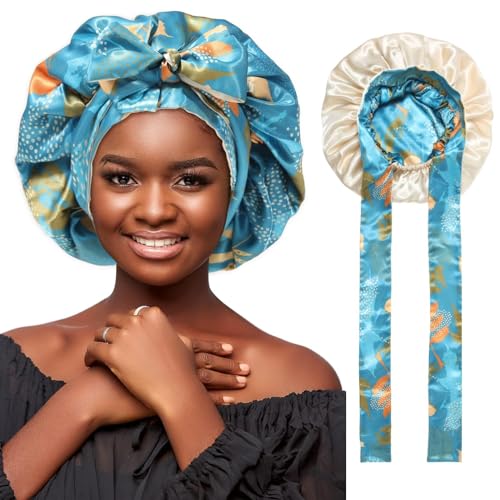 Satin Bonnet Silk Hair Bonnets for Women Curly Hair Wrap for Sleeping Cap Reversible Bonnet with Tie Band Night Cap Double Layer Sleep Cap for Curly Hair (Lake Blue Leaves + Champagne)