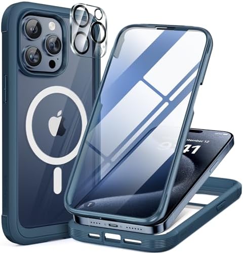 Miracase Magnetic for iPhone 15 Pro Case [Compatible with MagSafe] Full-Body Phone case with Built-in Glass Screen Protector& Camera Protector, Military Drop Proof 15 Pro Cover 6.1 inch, Storm Blue