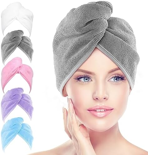 AIDEA Microfiber Hair Towel Wrap, 5 Pack Hair Turbans, Super Absorbent Quick Dry Hair Towel Wrap for All Hair Types Anti Frizz, Hair Accessories for Women, 26"×10"