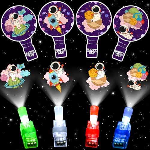 MOVINPE Valentines Day Exchange Gifts for Kids Classroom, 28 Packs Finger Lights with Valentines Cards - Light Up Finger Flashlights Valentine Day Gifts School Party Favors Class Prizes Bulk (Space)