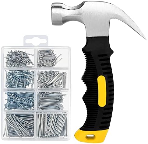 KURUI 700PCs Small Nails for Hanging Pictures Assortment Kit & 8oz Small Hammer, Mini Hammer with Hardware Roofing Nails Assorted Set, 280 Wall Nails & 280 Finishing Nails, Picture Hangers for Drywall