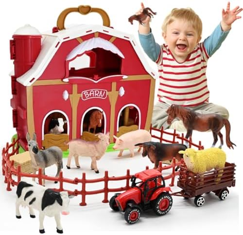 Big Red Barn Toys for Toddlers 1-3, Farm Animal Figures Playset with Tractor for 2 3 4 5 Year Old Kids, Preschool Montessori STEM Learning Toys, Christmas Birthday Easter Gift for Boys Girls