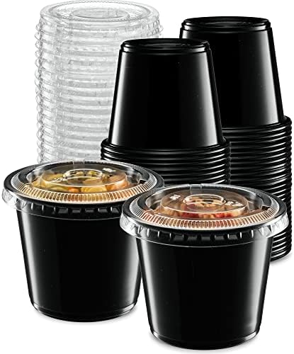 (5 oz - 100 Sets) Black Diposable Plastic Portion Cups With Lids, Small Mini Containers For Portion Controll, Jello Shots, Meal Prep, Sauce Cups, Slime, Condiments, Medicine, Disposable Souffle Cups
