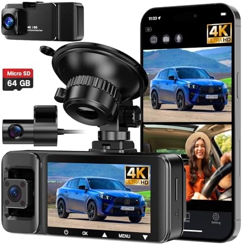4k Dash Cam Front and Rear Inside, 3 Channel Dash Camera for Cars, APP Control, Night Vision, 3" IPS Screen, Built-in Wi-Fi, G-Sensor, 24H Parking Mode, Loop Recording, 64GB SD Card Included, K02 Pro