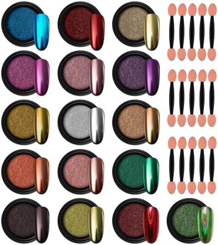 Artdone 16 Jars Chrome Nail Pearl Powder Silver and Gold Mirror Powder, Iridescent Aurora Powder Metallic Nail Pigment Pearlescent Mermaid Pigment Pearl Dust Kit,Nail Art Decoration, Resin Craft