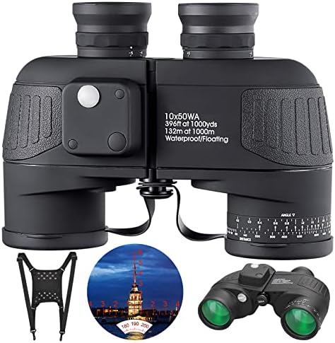 10x50 Marine Binoculars with Rangefinder for Adults - IPX7 Waterproof BAK4 Prism FMC Lens Binoculars with Compass and Shoulder Harness Strap for Navigation Hunting Bird Watching