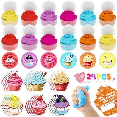 24 Pack Butter Slime with Cards, 6 Scented Cupcake Themed Slime Set, Stretchy, Non-Sticky, Mess-Free Party Favors for Kids, Classroom Rewards