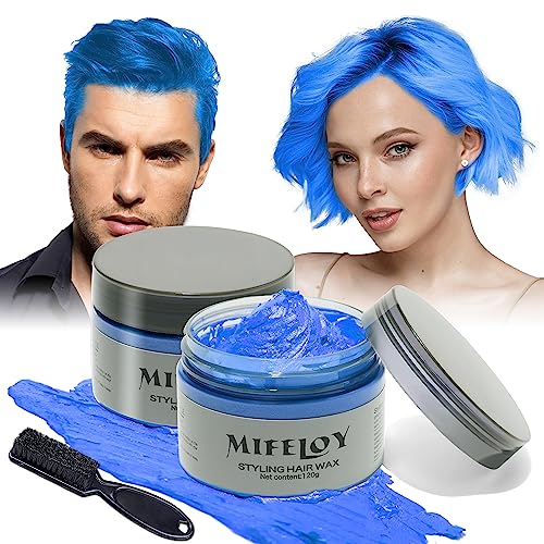 2 Pack Temporary Blue Hair Color Wax with 1 Dye Brush, Instant Natural Hairstyle Cream 4.23 oz, Disposable Coloring Mud for Men Women Youth, Washable Styling Pomades, Party Cosplay Halloween