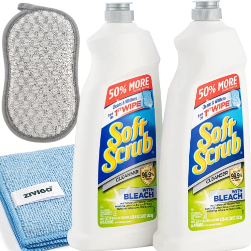 2 Soft Scrubb with bleach cleanser, 36 Fl Oz. (Pack of 2) Bundle with 1 Microfiber TOWEL + Duvilo Dual-Sided Scrubbing SPONGE