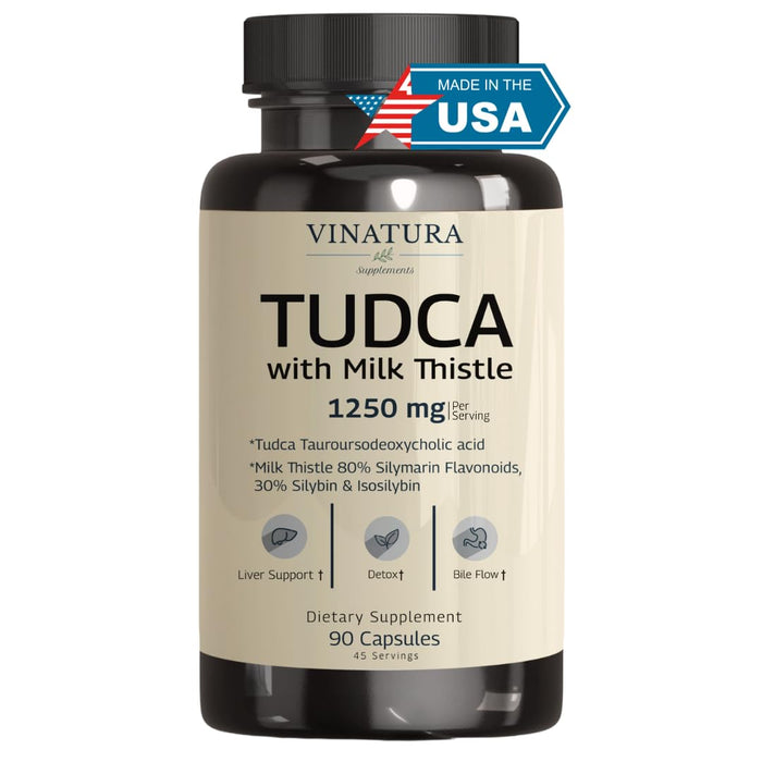 VINATURA TUDCA Milk Thistle 1250mg - Liver Support, Liver Health, Gallbladder Supplements *USA Made and Tested*, Tudca Supplement, Bile Salts Supplement, Liver Health Supplement - 90 Capsules