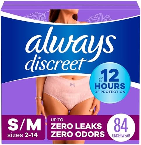 Always Discreet Adult Incontinence Underwear for Women and Postpartum Underwear, S/M, Up to 100%* Bladder Leak Protection, 84 CT,