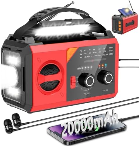 20000mAh Emergency Weather Radio with Wireless Speaker, 74000mWh NOAA AM FM Hand Crank Solar Radio with Flashlight Cell Phone Charger Compass SOS Reading Lamp for Camping and Survival (Dark Red)