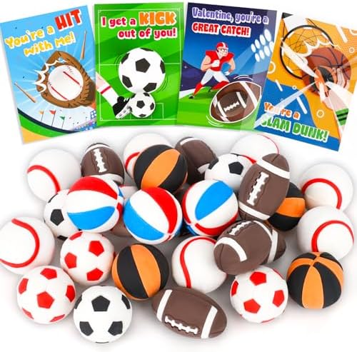 28Pack Valentines Day Cards for Kids School with mini Sports Ball Erasers Valentines Day Gifts for Kids Classroom Exchange Boys Valentines Toys Party Favor Bulk Class Prizes Goodie Bags Stuffers