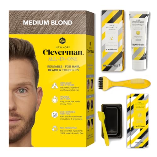 Cleverman Medium Blond All-in-One Reusable Kit for Men's Natural-Looking Gray Coverage - Professional-Quality Hair, Beard & Mustache Color, Ammonia-Free