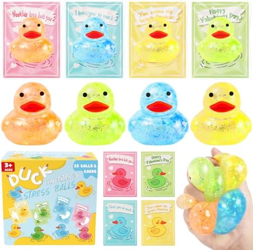 28Pack Rubber Ducks Stress Balls, Stress Squishy Squeeze Balls for Kids Boys Girls School Classroom, Bulks Gift Exchange Squishy Toys for Party Favors Supplies