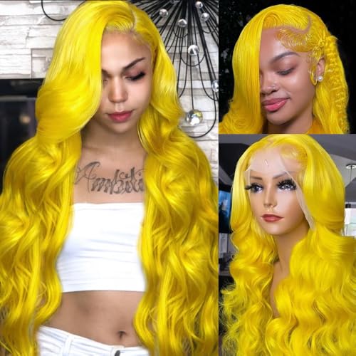 Yellow Wig Human Hair 30 Inch 13x4 Yellow Lace Front Wig Human Hair Pre Plucked 200% Density Body Wave Yellow Human Hair Lace Front Wigs Colored Yellow Human Hair Wig for Women