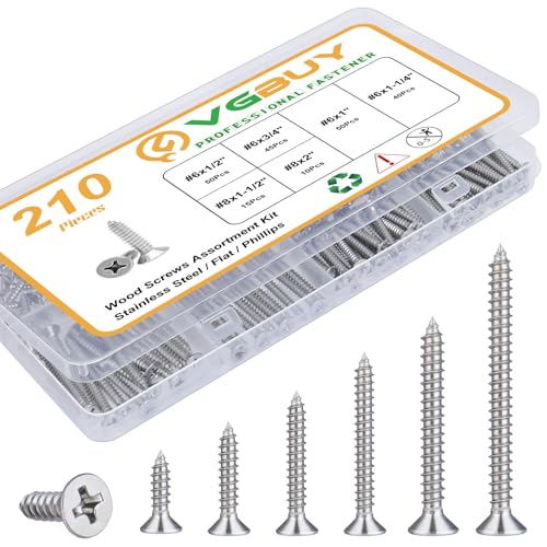 210Pcs Wood Screws Assortment Kit, 304 Stainless Steel Screws, Phillips Drive, Wood Screws, Screws, Screw Set, Assorted Screws, Screws Assortment Kit, 6 Sizes (2”,1-1/2”,1-1/4”,1”,3/4”,1/2”)