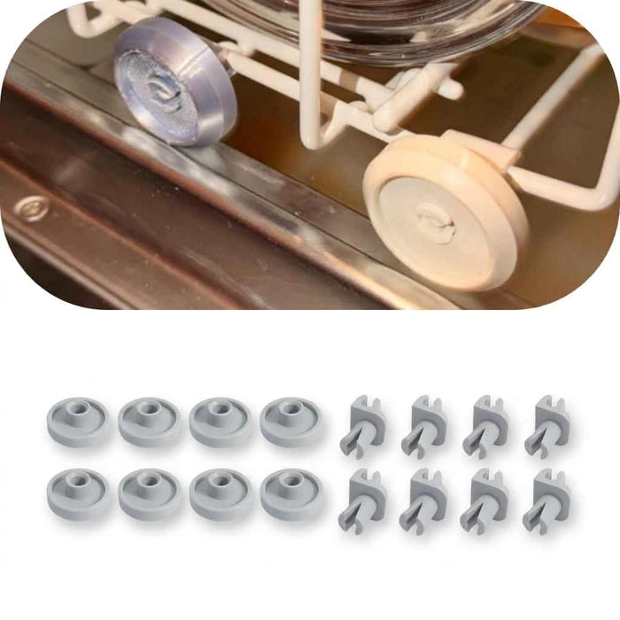 Basket Wheel and Bracket Set compatible with Miele Dishwashers, Rack Roller Replacement Parts, 8 Rollers + 8 Brackets