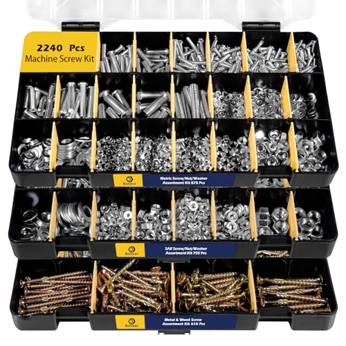 2240 Pieces Hardware Assortment Kit - Metric & SAE Machine Screw Assortment Kit with Assorted Nuts, Bolts, and Washers (3 Trays)