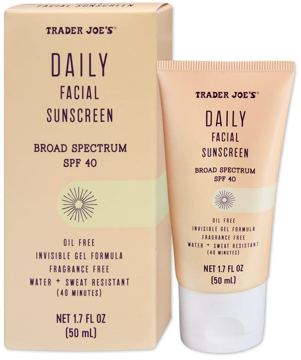 Trader Joe’s Daily Facial Sunscreen Broad Spectrum SPF 40 Oil Free Invisible Gel Formula Fragrance Free Water Sweat Resistant, 1.70 Fl Oz (Pack of 1)