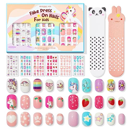 Modelones Press on Nails for Kids 144Pcs 6 Pack Children Acrylic Fake Nails Pre-glue Full Cover Glitter Gradient Color Starts Unicorn Short False Nail Art Kits Sets Christmas Gifts for Kids Girls