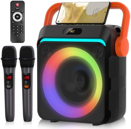 Karaoke Machine with 2 Wireless Microphones, Portable Bluetooth Karaoke Speaker for Adults & Kids with Strobe Lights, Karaoke Microphone with PA System Supports TWS/USB/TF/REC/FM/AUX for Home Party