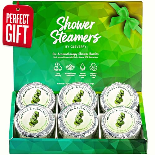 Cleverfy Shower Steamers Aromatherapy - Gift Box of 6 Menthol & Eucalyptus Shower Bombs with Essential Oils for Nasal Congestion.Birthday Gifts for Women and Valentines Day Gifts for Her and Him