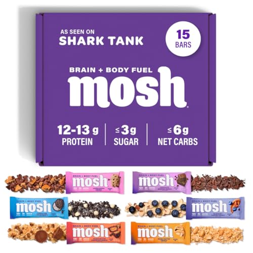 MOSH Variety Pack Keto Protein Bars, High Fiber, Low Carb, Gluten Free, High Protein, Brain Healthy Snack with Ashwagandha, Lion's Mane, 15 Count