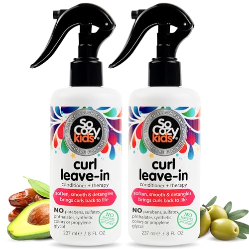 SoCozy Leave In Conditioner Spray (8 Fl Oz, Pack of 2) Detangler for Kids' Curly Hair, Tangle-Free Curls, Gentle & Nourishing with Keratin, Vitamin B5, Olive & Jojoba Oil, Paraben-Free