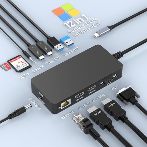 Microsoft USB C Surface Dock with Power Supply-12 in 1 MS Surface Docking Station Triple Display 2 HDMI+VGA for Surface Pro 11/10/9/8/X/7, Surface Laptop 7/6/5/4/3, Surface Laptop Go 3/2,Laptop Studio