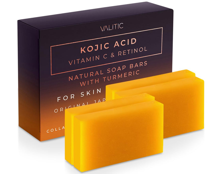 VALITIC Kojic Acid Vitamin C and Retinol Soap Bars with Turmeric for Dark Spot - Original Japanese Complex Infused with Collagen, Hyaluronic Acid, and Vitamin E (4 Pack)