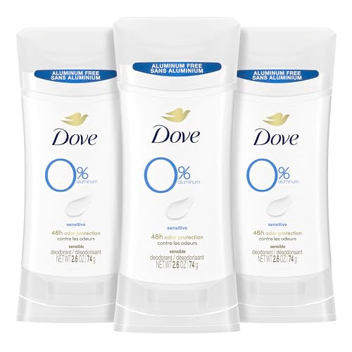 Dove 0% Aluminum Deodorant Stick Sensitive 3 Count Non-irritating Deodorant for Underarm Care Kindest Aluminum Free Deodorant 2.6 oz