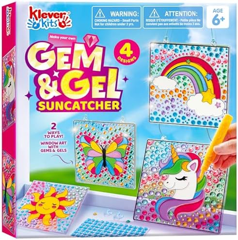 Klever Kits 4PCS Window Art, 2-in-1 Gems and Gels Suncatcher, 2 Ways to Play Diamond and Gels, Arts & Crafts Toys for Boys Girls, Christmas Birthday Gifts for Kids Age 6 and Up