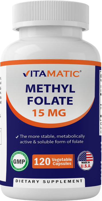 Vitamatic Methyl Folate 15mg - 120 Vegetable Capsules - Optimized and Activated High Potency - Metabolically Active Folate