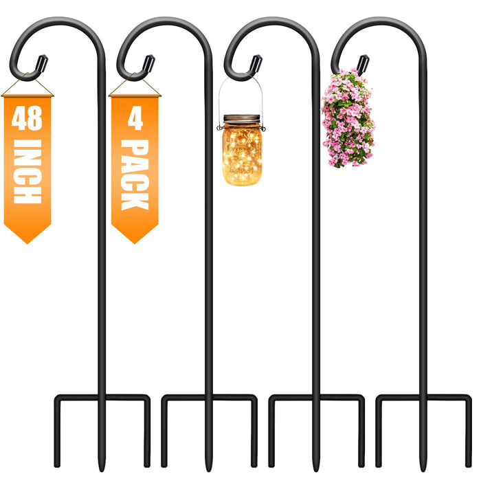 Gtongoko 48 Inch Shepherds Hooks for Outdoor 4 Pack Garden Hooks for Hanging Plants, Lanterns, Bird Feeders, Solar Lights, Mason Jars, Weddings Decor, Adjustable, Matte Black